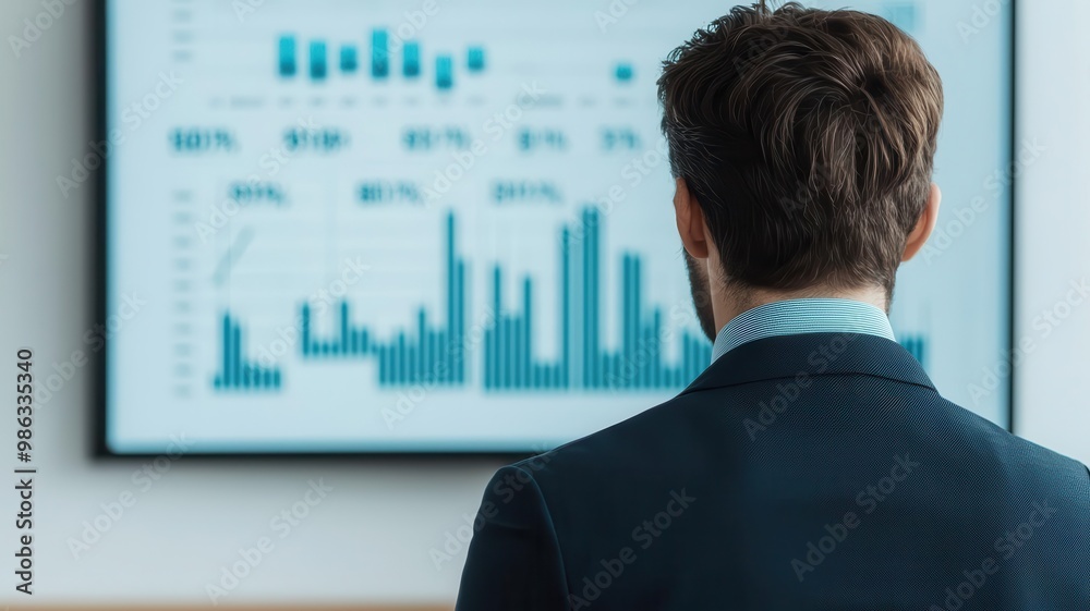 Confident businessman standing in front of a digital screen showing rising sales figures and financial growth corporate growth, financial success Confident businessman standing in front of a digital screen showing rising sales figures and financial growth corporate growth, financial success