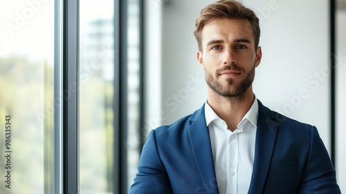 Confident businessperson in a minimalist office, standing by a large window, looking into the camera business leader, modern setting