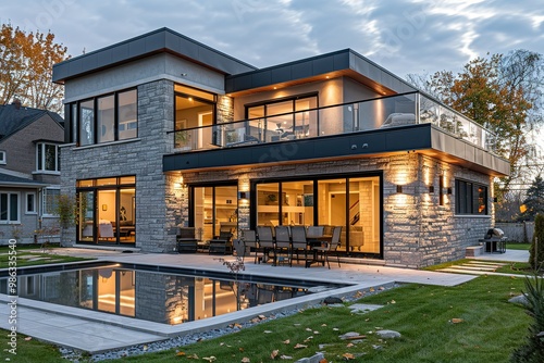 Real estate photography - New big luxury modern house in Montreal's suburb partially furnished with backyard, empty rooms, closets, basement and garage.