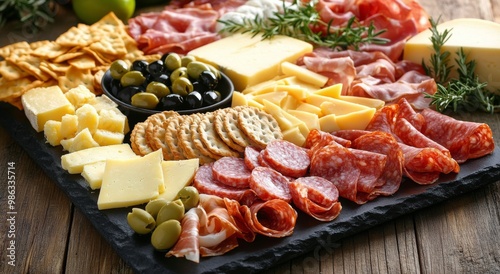 A colorful charcuterie board featuring various meats and cheeses displayed on...
