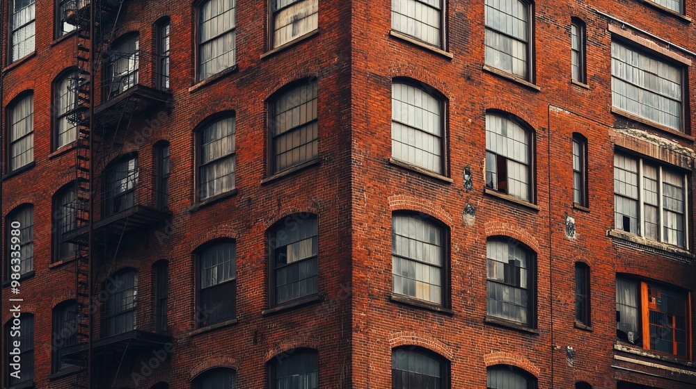 Fototapeta premium red brick building corner old architecture ancient factory condominium windows downtown city living