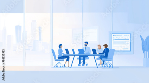 Business team working together having a corporate meeting in a modern office with cityscape view
