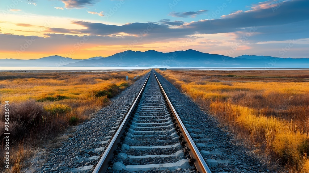 Fototapeta premium Converging Railway Tracks at Scenic Mountain Landscape Sunset
