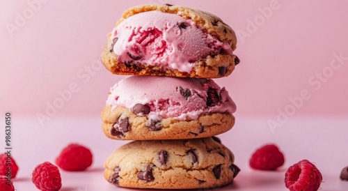 Delicious raspberry ice cream sandwiches stacked on a plate with fresh raspbe...
