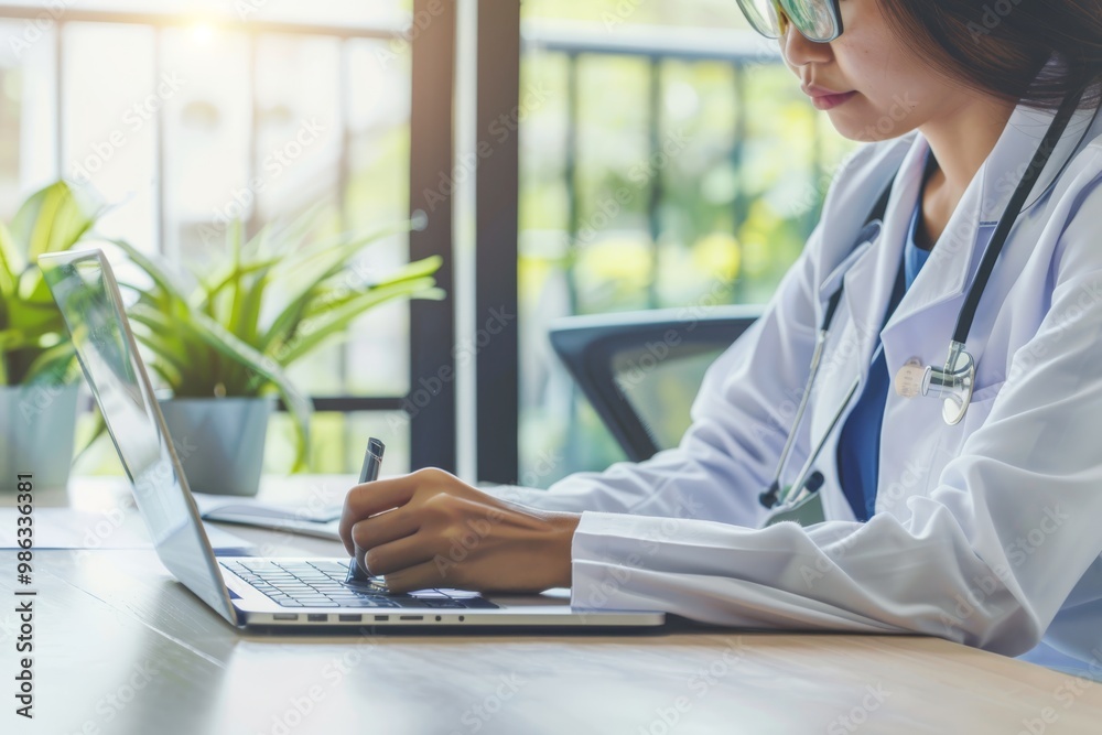 Female doctor wear white medical suit make online video call consult patient. Female doctor wear white medical suit make online video call consult patient.