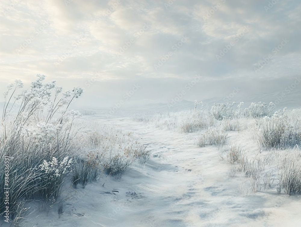 Serene Winter Landscape with Snowy Field and Path Serene Winter Landscape with Snowy Field and Path