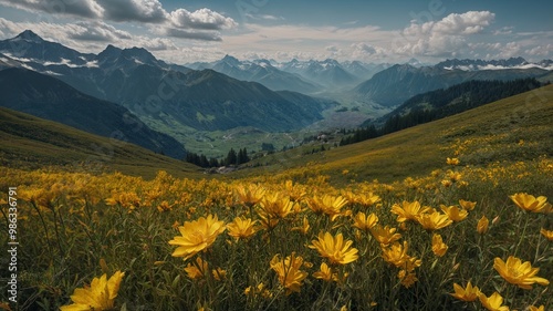 Yellow flower view on the top of a high mountain with a beautiful view photo