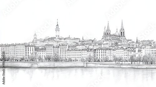 Lyon, France, black and white pen pencil hand-drawn effect drawing illustration for travel poster, card, wallpaper, backdrop or banner. Modern, clear, artistic and simple