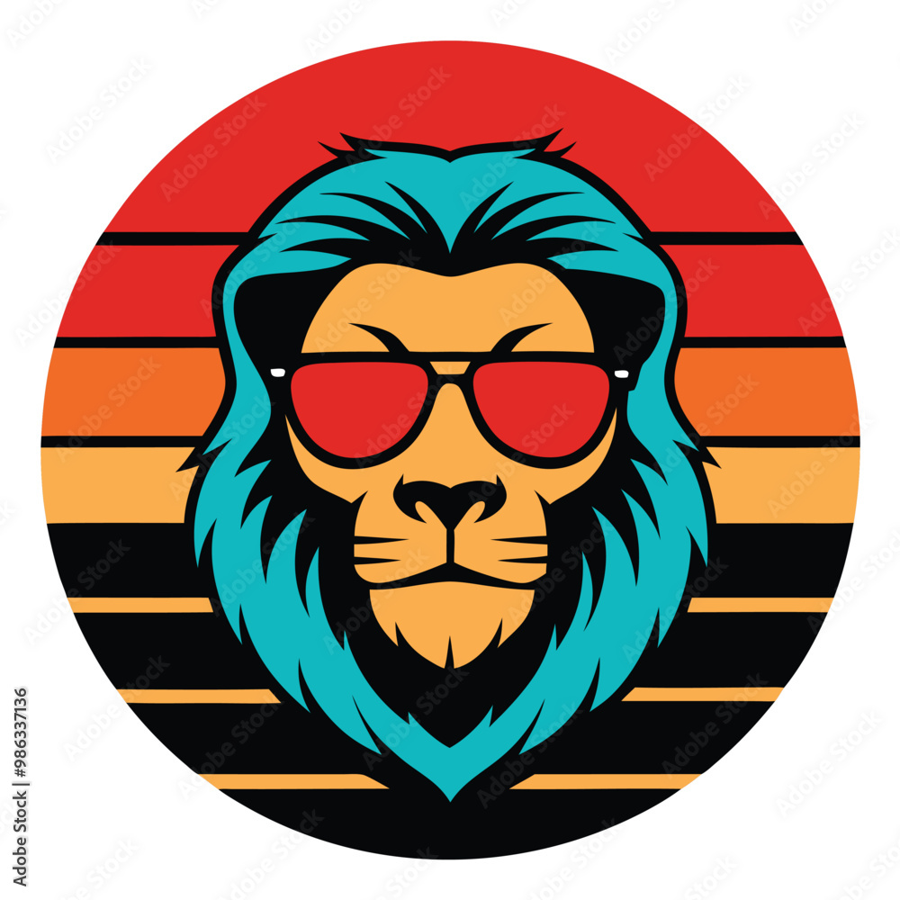 Vector art Cool sunset lion-skull wearing sun glass, illustration, T - shirt design, retro vintage style on white background Vector art Cool sunset lion-skull wearing sun glass, illustration, T - shirt design, retro vintage style on white background