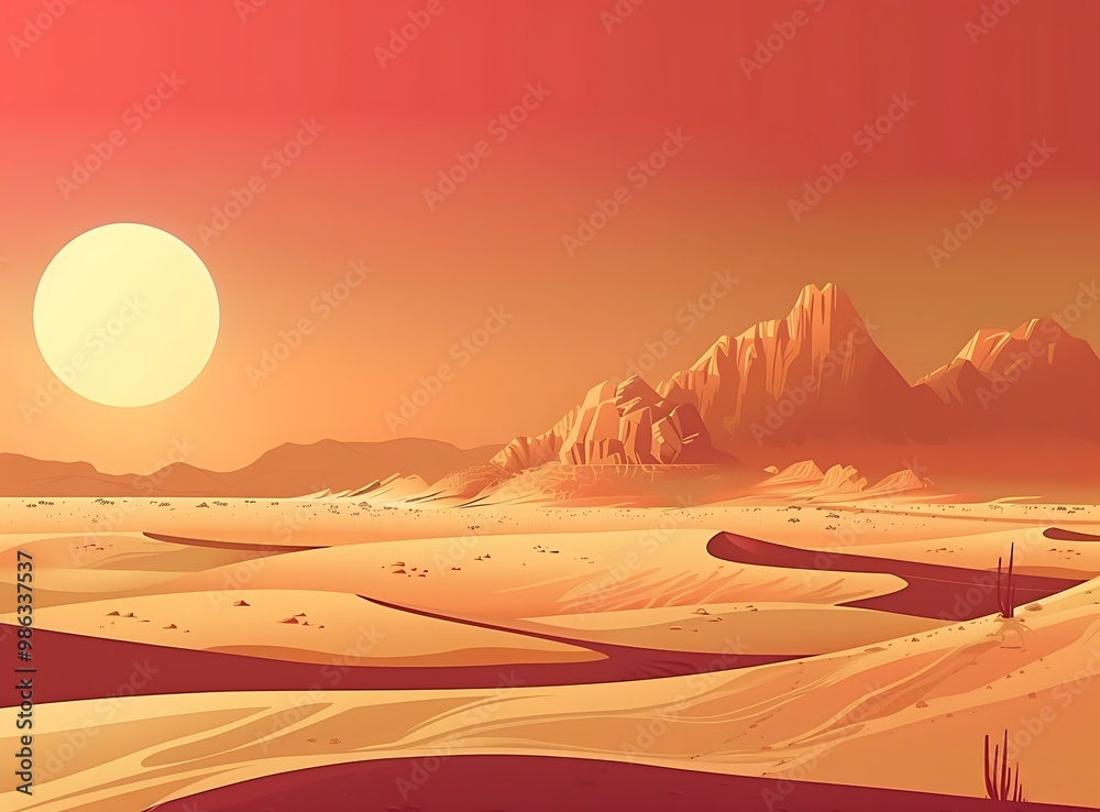 Fototapeta premium Desert Landscape with Sun and Mountains