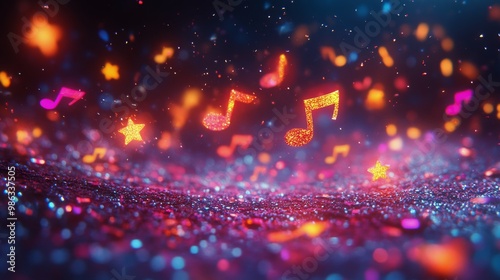 Colorful musical notes and stars floating over a sparkly background during a ...
