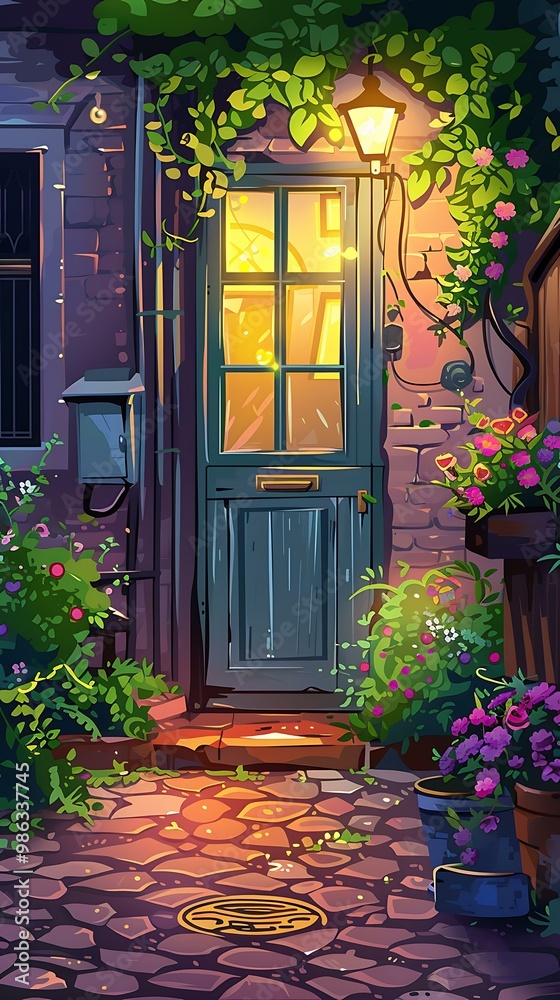 Fototapeta premium Night Doorway with Brick Wall and Cobblestone Path
