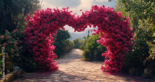 Bright bougainvillea blooms arching over a sunlit pathway in a tranquil garde...
