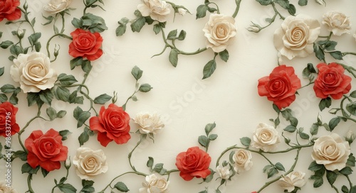 Beautifully crafted white and red roses on a textured wall featuring intricat...