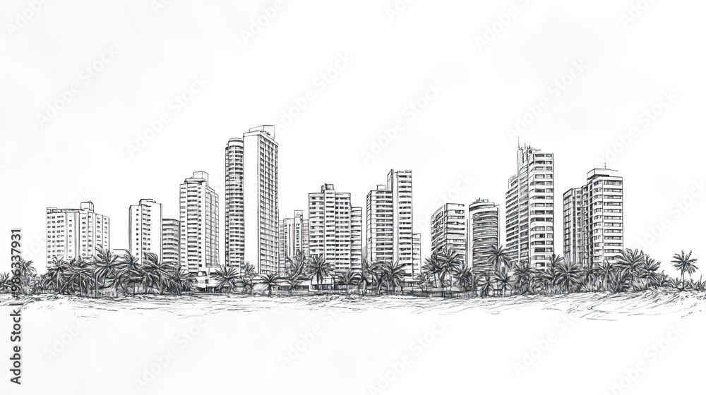 Obraz premium Macei, Brazil, black and white pen pencil hand-drawn effect drawing illustration for travel poster, card, wallpaper, backdrop or banner. Modern, clear, artistic and simple