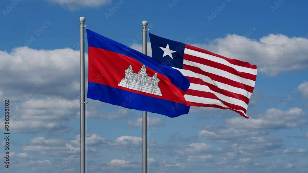 Liberia and Cambodia flags flying together, video concept of the relationship, two country cooperation concept Liberia and Cambodia flags flying together, video concept of the relationship, two country cooperation concept