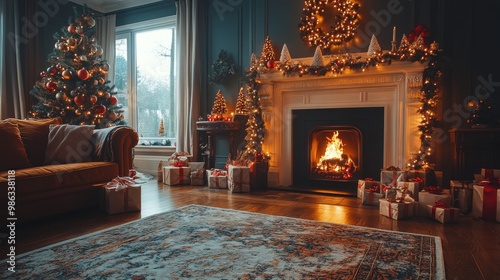 Cozy living room decorated for Christmas with a fireplace and beautifully wra...