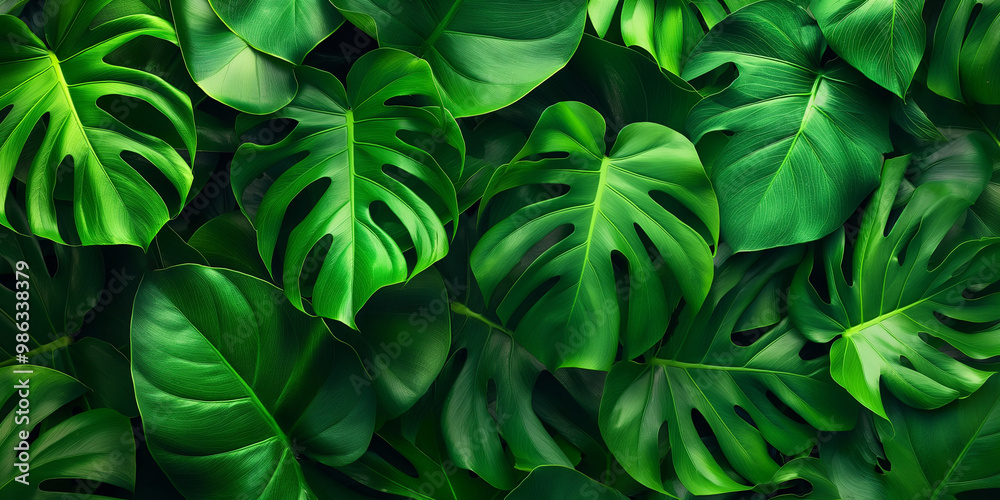 Obraz premium A dense arrangement of lush green tropical leaves fills the backdrop, showcasing various shapes and textures that evoke a refreshing, peaceful atmosphere in nature