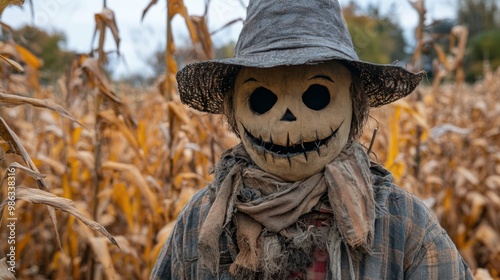 Scarecrow with a carved pumpkin head standing amidst sunflowers in an autumn ...