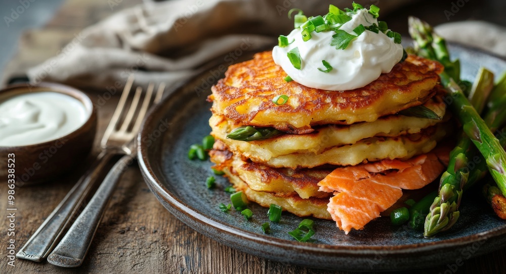 Delicious stacking of savory pancakes topped with sour cream and fresh herbs on a rustic plate Delicious stacking of savory pancakes topped with sour cream and fresh herbs on a rustic plate