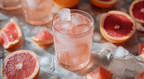 Refreshing grapefruit cocktail with ice and garnished slices on a kitchen cou...