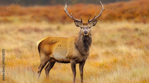 Majestic stag standing proud in an autumn landscape with colorful foliage in ...
