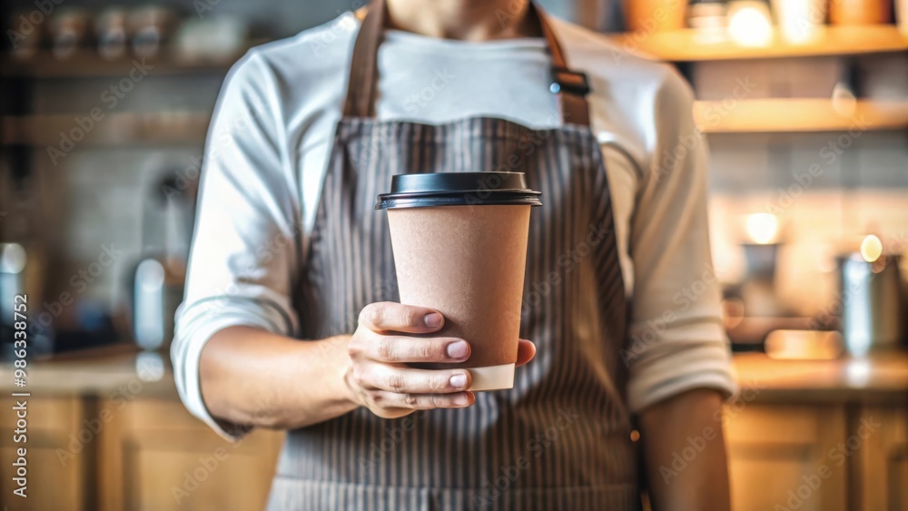 Barista holding a disposable coffee cup with a lid in a coffee shop Barista holding a disposable coffee cup with a lid in a coffee shop