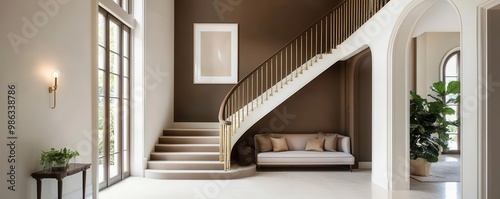 Elegant staircase with chocolate brown walls, gold accents, and warm lighting creating a luxurious vibe   elegant home, warm tones photo
