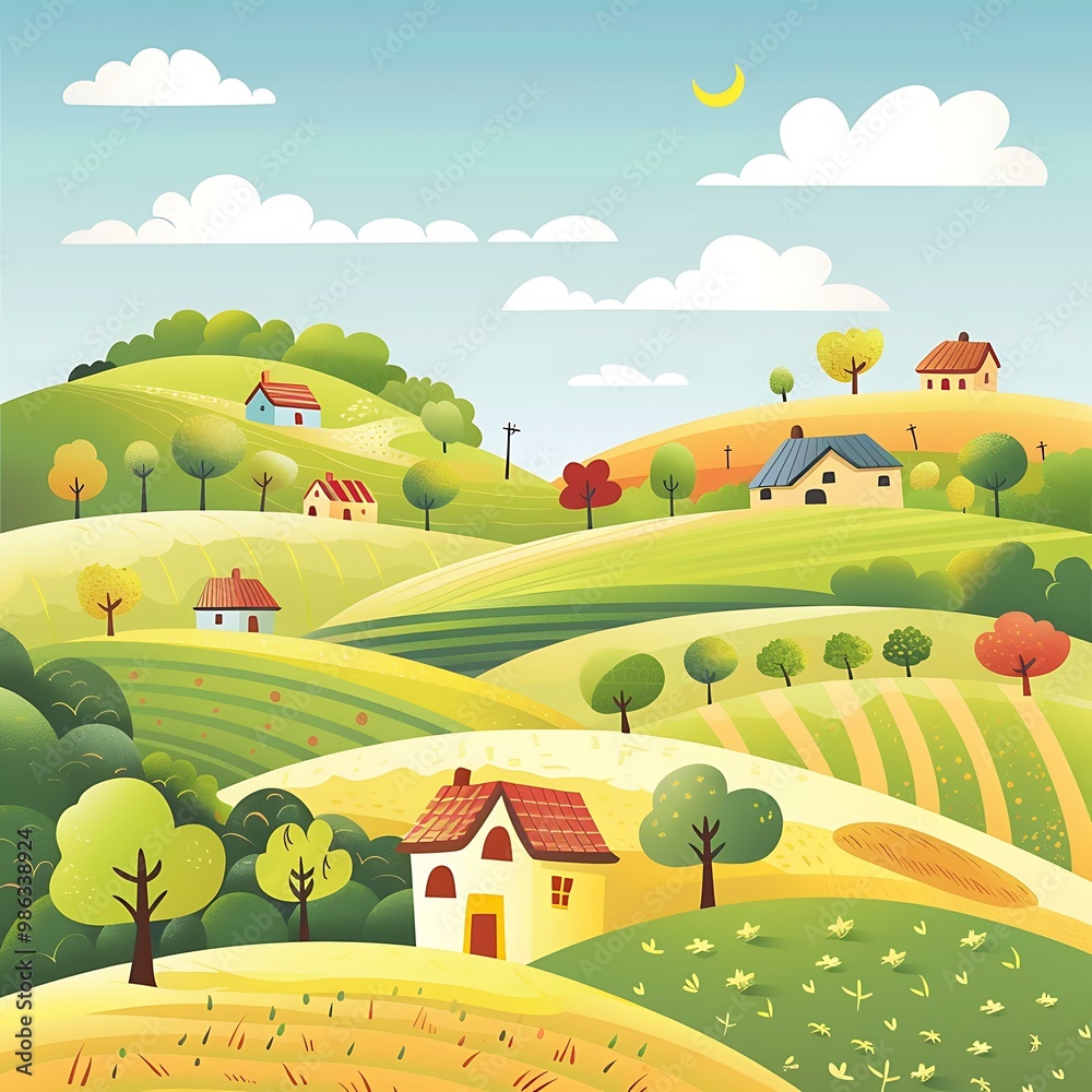 Cartoon Illustration of Green Rolling Hills with Houses Cartoon Illustration of Green Rolling Hills with Houses