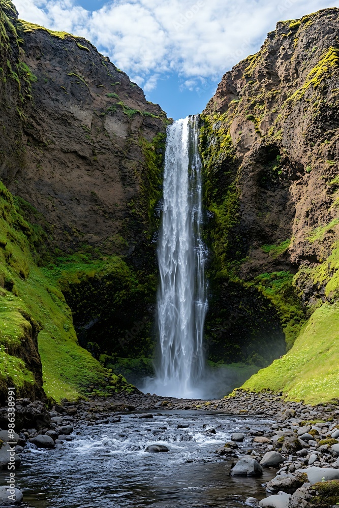 Obraz premium Icelandic Waterfall with Lush Green Cliffs