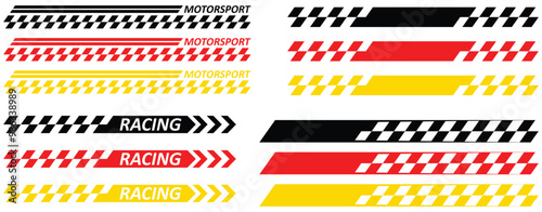 Yellow Golden Black racing sport car strips arrow and race line decals for speed. Vector race car, auto, motorcycle, bike vinyl stickers and lines. Racing start and finish flag photo