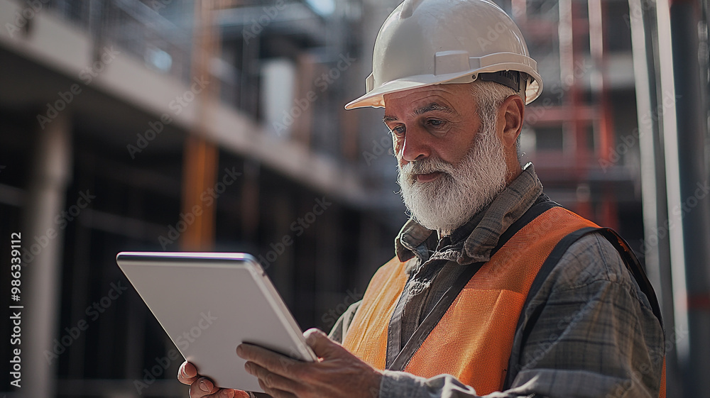 Construction worker using a tablet on-site in a building project during the day Construction worker using a tablet on-site in a building project during the day