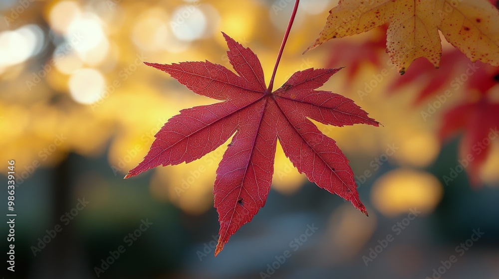 Vibrant red maple leaves illuminated by soft blue bokeh background in autumn daylight