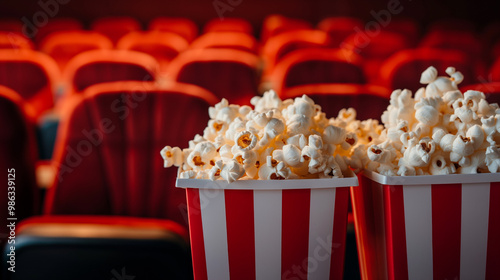 Two large buckets filled with fluffy popcorn sit at the forefront, with a backdrop of empty red movie theater seats, inviting cinema enthusiasts to enjoy a show