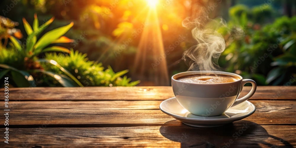 Steaming hot coffee in a cup placed on a rustic wooden table illuminated by sunlight Steaming hot coffee in a cup placed on a rustic wooden table illuminated by sunlight
