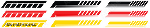 Yellow Golden Black racing sport car strips arrow and race line decals for speed. Vector race car, auto, motorcycle, bike vinyl stickers and lines. Racing start and finish flag