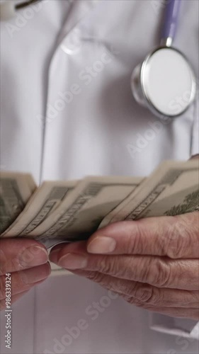A Doctor In A White Coat Holding A Stack Of Cash, Symbolizing Healthcare Expenses Or Medical Business Finances. Vertical.
