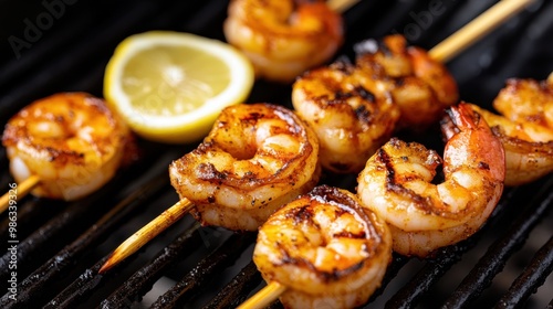 Grilled shrimp skewers with a lemon slice, showcasing deliciously caramelized seafood perfect for summer barbecues.