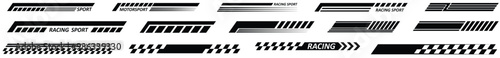 Black racing sport car strips arrow and race line decals for speed. Vector race car, auto, motorcycle, bike vinyl stickers and lines. Racing start and finish flag