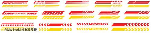 Yellow Golden racing sport car strips arrow and race line decals for speed. Vector race car, auto, motorcycle, bike vinyl stickers and lines. Racing start and finish flag