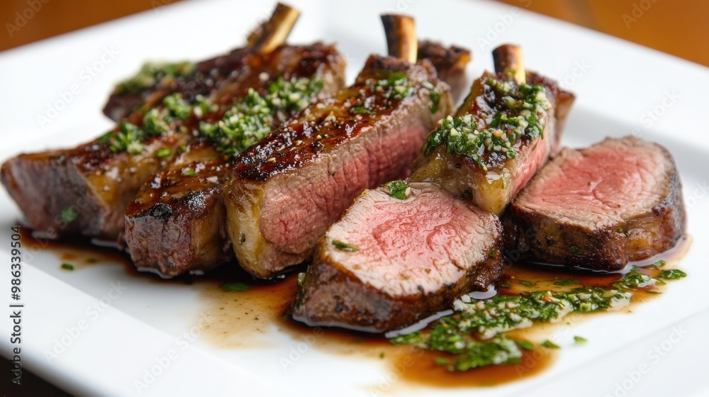 A beautifully plated dish of grilled lamb chops, perfectly cooked and garnished with herbs, served with a flavorful sauce. A beautifully plated dish of grilled lamb chops, perfectly cooked and garnished with herbs, served with a flavorful sauce.