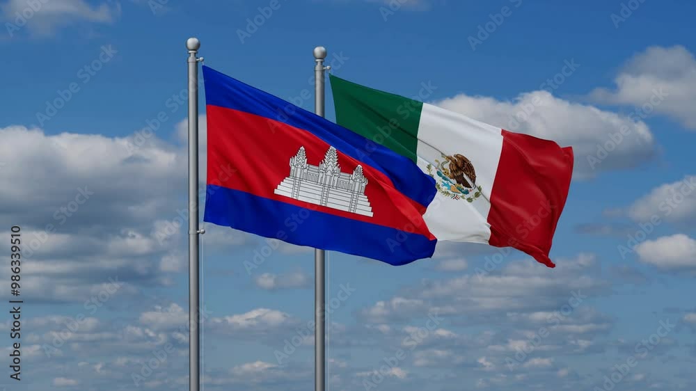 Mexico and Cambodia flags flying together, video concept of the relationship, two country relations concept Mexico and Cambodia flags flying together, video concept of the relationship, two country relations concept