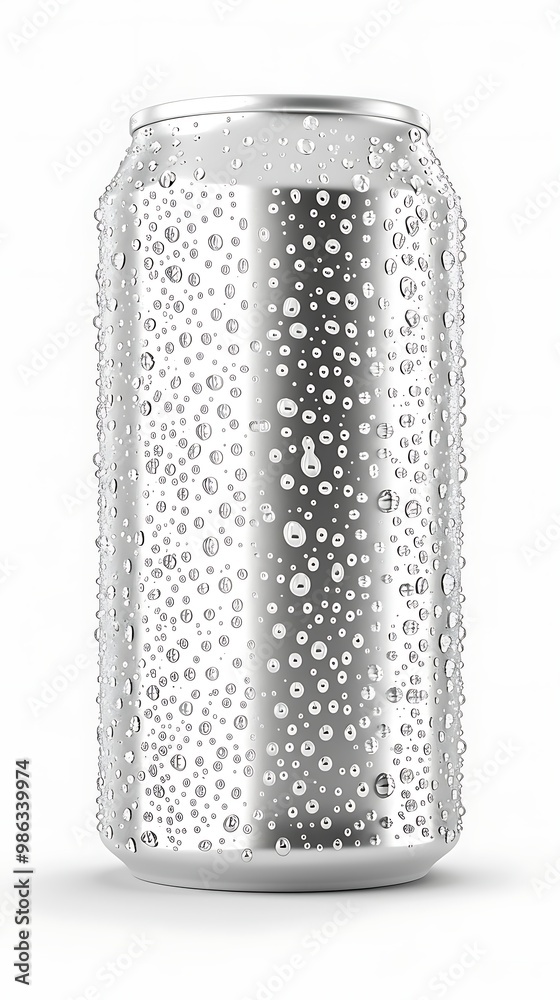 Aluminum can with water drops on grey background.