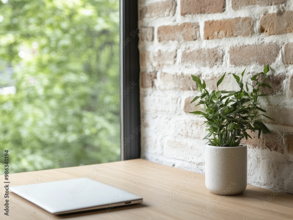 Modern Workspace with Laptop and Potted Plant on Wooden Table, Blending Technology and Nature for a Fresh, Inviting Atmosphere Modern Workspace with Laptop and Potted Plant on Wooden Table, Blending Technology and Nature for a Fresh, Inviting Atmosphere