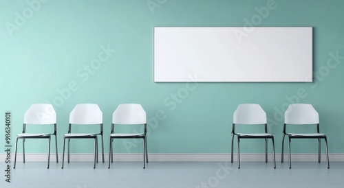 Modern waiting area with minimalist design featuring white chairs and a blank...