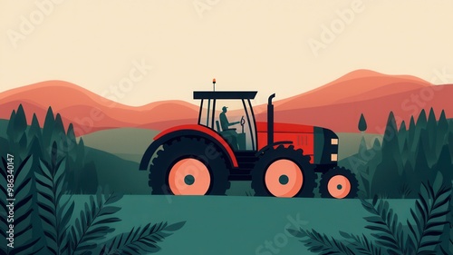 A vibrant illustration of a red tractor in a scenic landscape, with rolling hills and stylized foliage, evoking a rural farming atmosphere. photo