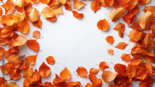 Colorful autumn leaves scattered across a white surface, showcasing shades of...