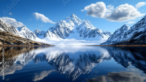 Serene alpine lake mirroring majestic snow-capped peaks, surrounded by lush greenery, creating a tranquil escape in nature's embrace.