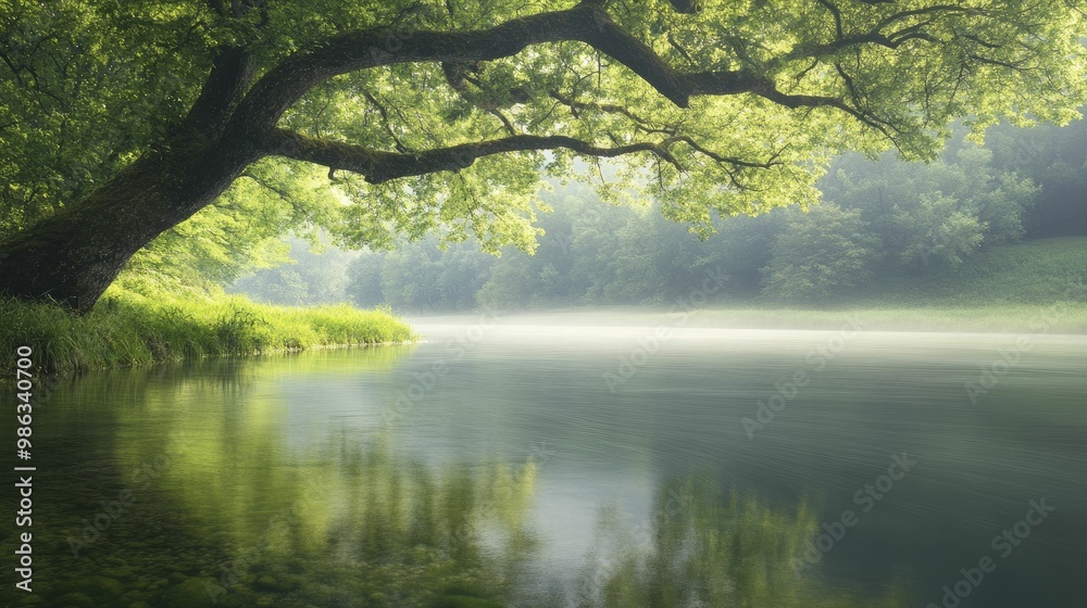 Fototapeta premium Serene Reflections: A Majestic Tree Overlooking a Calm Lake at Sunset, Capturing the Beauty of Natures Tranquility and Harmony