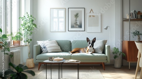 Mint green sofa and designer furniture in a Scandinavian-inspired living room. A dog peacefully lounging on the couch adds a homey touch photo